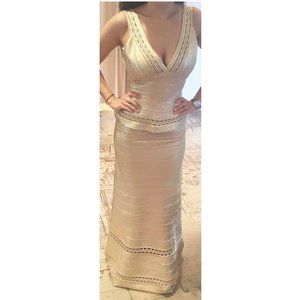 Herve Leger Gold Metallic Gown Dress with Peplum